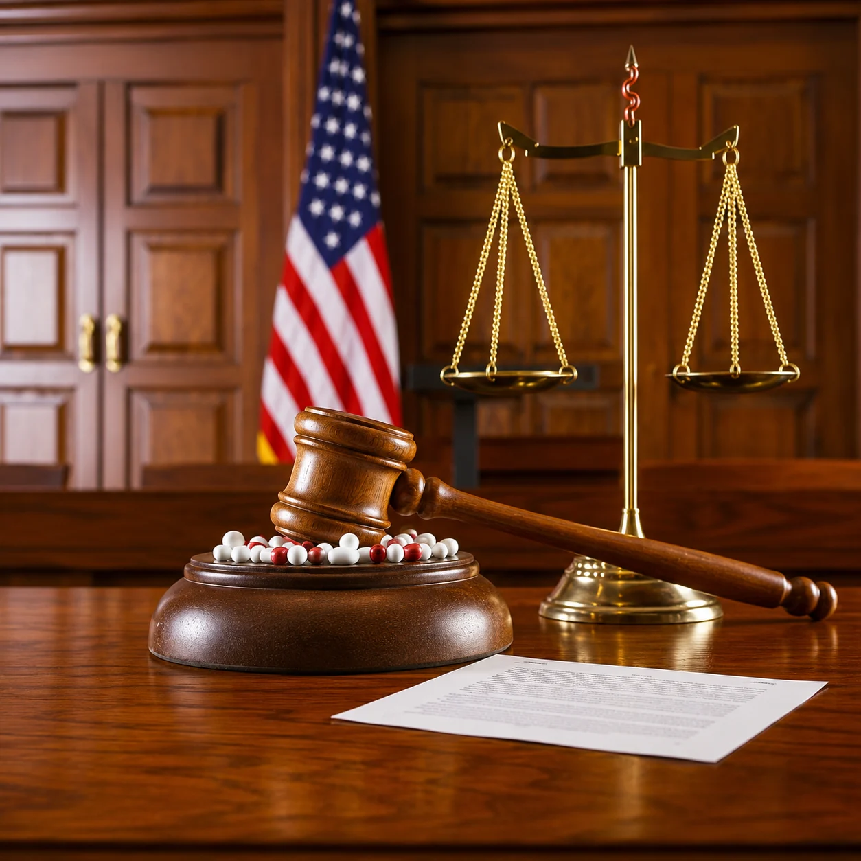 Gavel and scales of justice in a courtroom