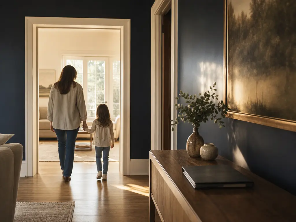 Mother and daughter walking together through a home