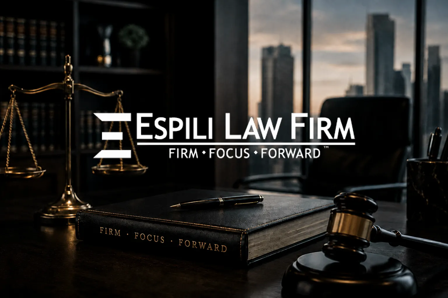 Espili Law Firm office with scales of justice, gavel, and the Firm Focus Forward™ book