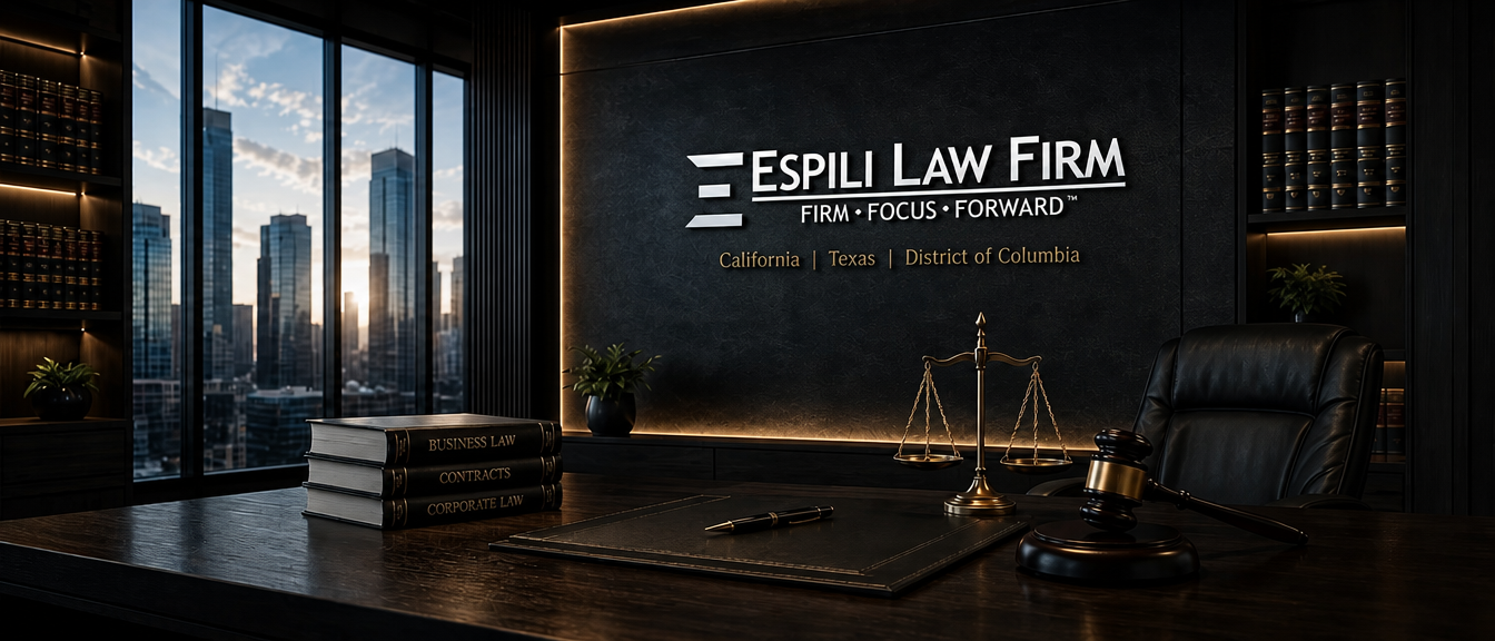 Espili Law Firm office with the Firm Focus Forward™ logo and California, Texas, and District of Columbia beneath it, scales of justice and gavel on the desk