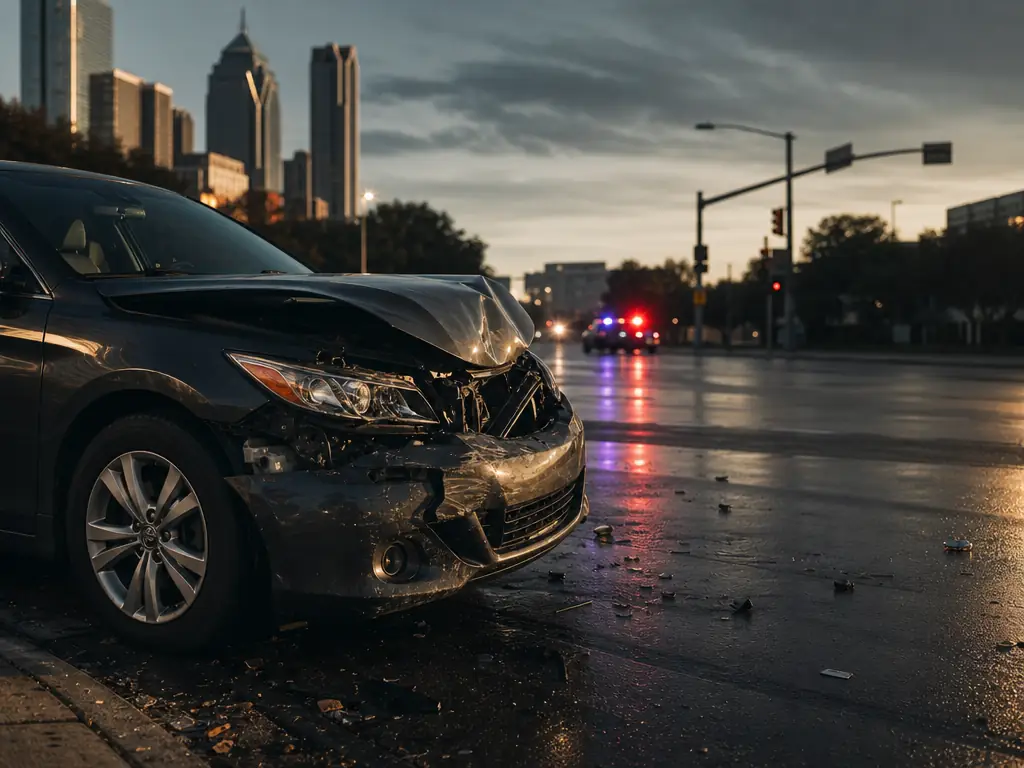 Damaged car after a collision on a city street