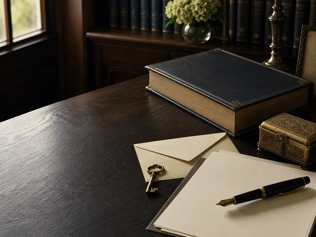 Leather-bound estate book, key, and pen on a wooden desk