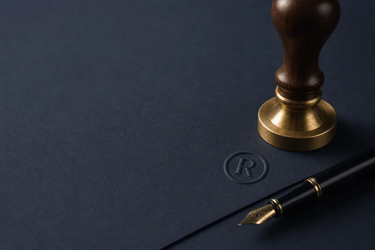 Brass seal embosser pressing a registered trademark symbol into dark navy legal paper